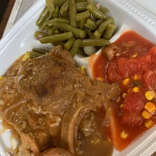 Smothered Pork Chop, Stewed Tomatoes and Okra, Green Beans