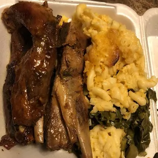 Ribs, tender, Mac n cheese and collards