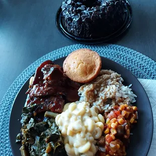 Bbq brisket. Very tender and greens is very tasty.  Mac n cheese from other  but we like it.