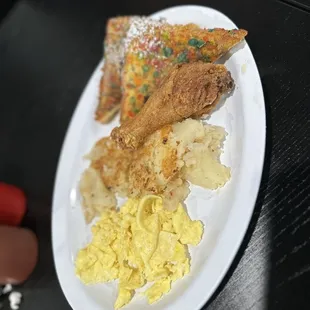 Fruity Pebble, French, toast and chicken with eggs and some mashed potatoes.