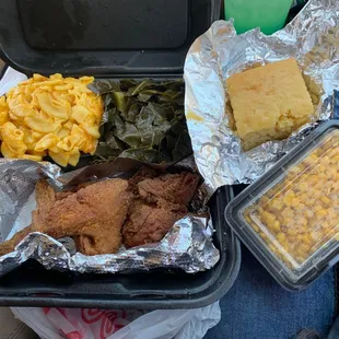 Fried Chicken, Mac and Cheese, Collard Greens, Cornbread, Sweet Corn