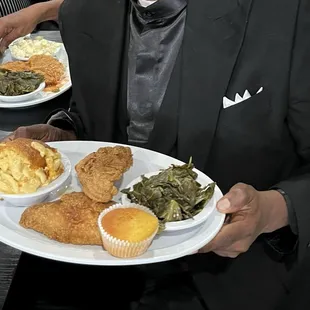 Catfish, mac, greens and cornbread