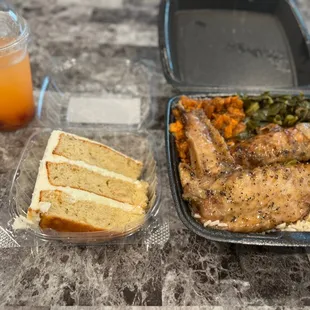 Turkey wing plate, banana pudding cake, and strawberry peach lemonade