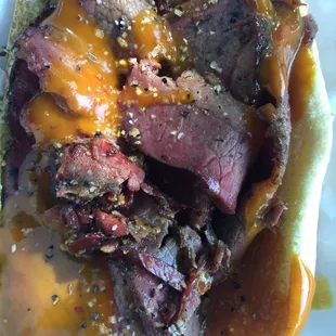 Bee brisket with the Carolina sauce. Effing amazing!!