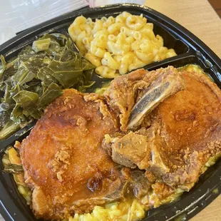 Fried Porkchops with collard greens and mac and cheese