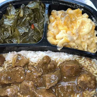 Beef tips &amp; rice, Mac &amp; cheese, greens