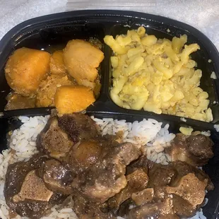 Oxtail, yams, macaroni and cheese