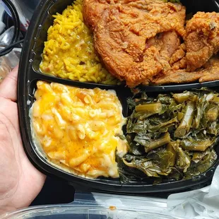 Yellow Rice with turkey gravy on top, fried chicken breast, mac &amp; cheese with collard greens