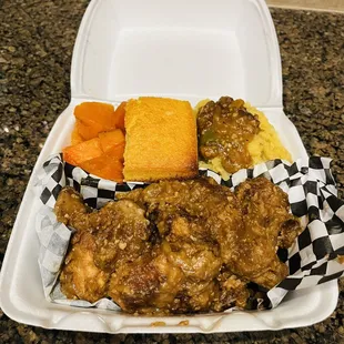 Smothered Chicken, Mashed Potatoes, Cornbread and Yams