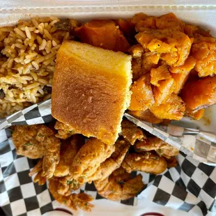 Shrimp with dirty rice, yams, and cornbread