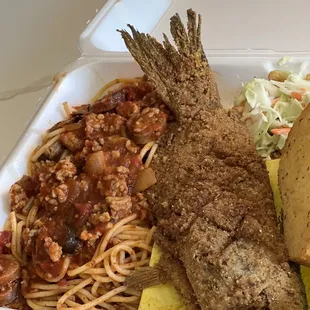 a meal in a styrofoam container