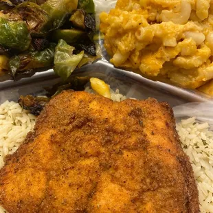 Fried Salmon over rice with Brussel sprouts and Mac &amp; Cheese