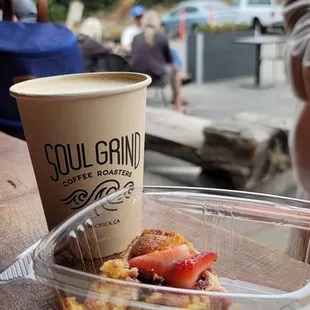 Cliff Side Oatmilk Latte, Rhubarb &amp; Strawberry Tart, Ocean view