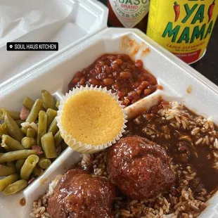 Meat Ball Stew Thursday Special, Green Beans, BBQ Beans, Corn Bread