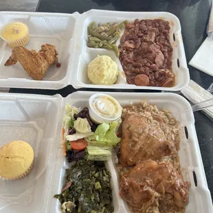 Red beans/ rice, smothered chicken meals.