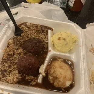 Meatball stew w/ mash potatoes and potato salad