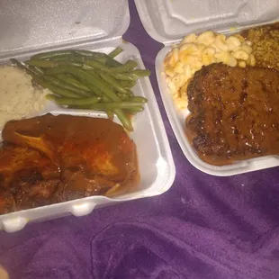 Smothered pork chops, mashed potatoes and string beans. Meatloaf w/gravy,mac and cheese &amp; rice w/gravy