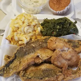 Fried whiting, Mac N Cheese, greens , corn muffin &amp; extra side of potato salad. ALL so good....