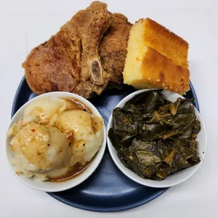 Pork Chop combo with two sides (mashed potatoes&amp;collard greens) and cornbread.