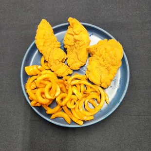Kids plate, 3 tenders with curly fries.