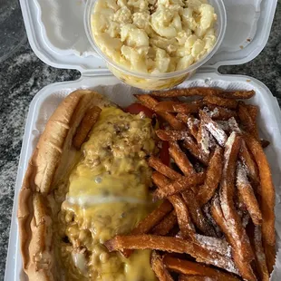 Salmon Cheese Steak Sweet Potato Fries Macaroni &amp; Cheese