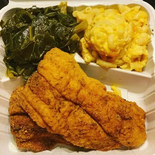 Catfish Mac N Cheese and Side of Collard Greens