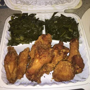Wings and collard greens