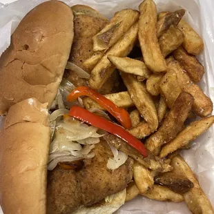 Louise Armstrong sandwich- catfish-fried, homemade rosemary seasoned fries.