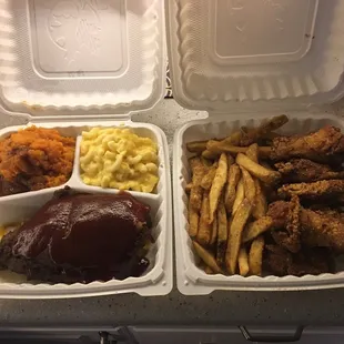 Ribs, sweet potatoes, Mac n cheese; wings and fries