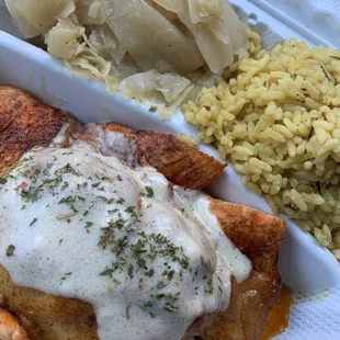 Grilled Salmon with Crab Imperial with Side of Cabbage and Side of Seasoned Rice