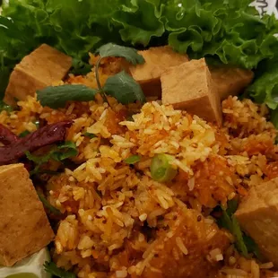 Naem khao ($20), vegan w/tofu. Interesting crispy rice dish, but tofu was bland.