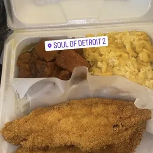 Catfish Dinner w/ Macaroni &amp; Cheese &amp; Yams