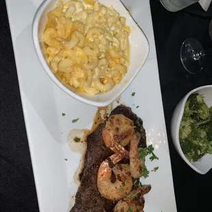 Steak and shrimp with macaroni and broccoli!