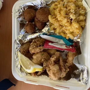 Fried shrimp with Mac-n-cheese and Hush Puppies