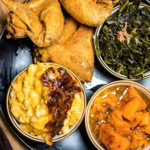 Fried Chicken w/ Mac &amp; Cheese, Collard Greens &amp; Sweet Potatoes
