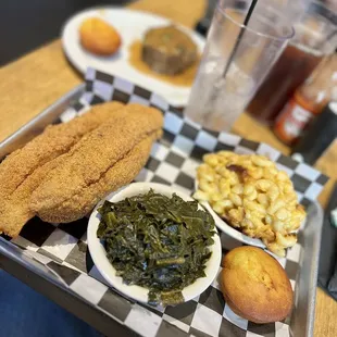 Catfish, greens, and mac &amp; cheese