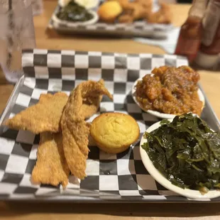 3 Piece Fried Whiting, collards greens and sweet potatoes
