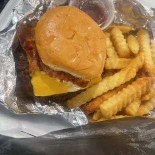 a hamburger and french fries