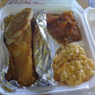 Fried catfish, ho cakes, mac and cheese, and yams.