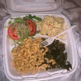 Veggie plate Side salad, potato salad, Mac and cheese, collard greens