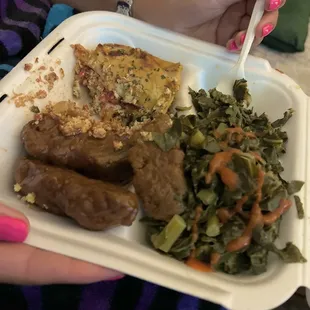 Lasagna (top left), kalebone (bottom left), greens (right)