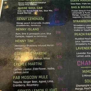 Drinks menu