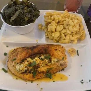 STUFFED SALMON, TRADITIONAL MAC &amp; CHEESE, and collard greens.