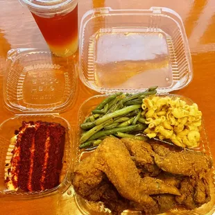 Fanatic Friday Deal with 5 whole fried wings, green beans, Mac n cheese, a red velvet cake, &amp; Triple mix drink
