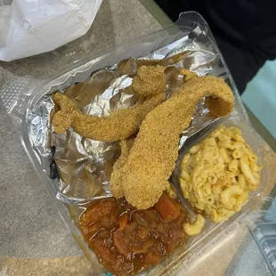 Fried Fish w/ yams and Mac n cheese.