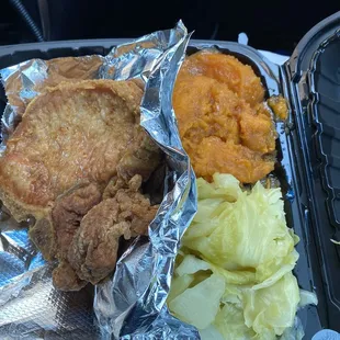 Fried Pork Chop Dinner, Smothered Cabbage &amp; Candied Yams