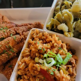 Hot delicious Catfish, luke warm dirty rice, and ice cold green beans.