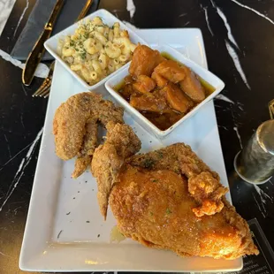 Honey Drizzled Fried Chicken w/ Mac &amp; Cheese and Sweet Potatoes