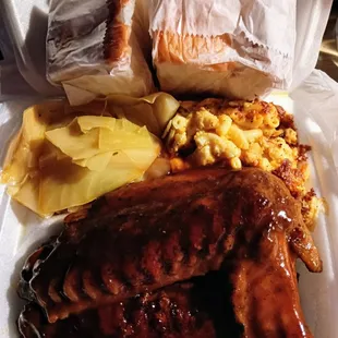 BBQ Turkey Wing Platters with Cabbage, Mac &amp; Cheese and Cornbread.