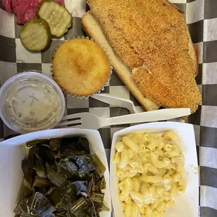 Fried cat fish w/ collard greens and Mac n cheeese